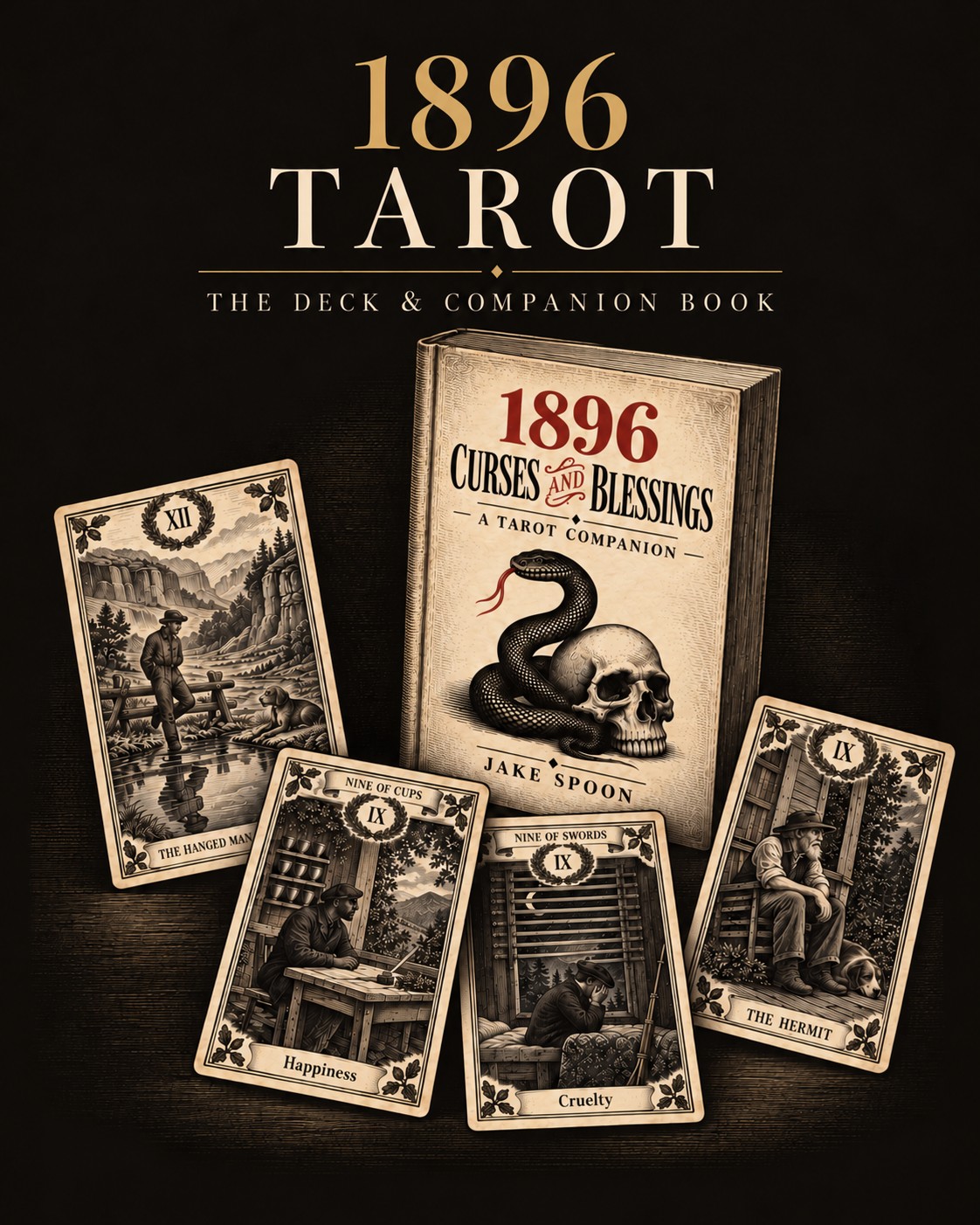 1896 Tarot — the deck and its companion book, Curses and Blessings, with four sample cards