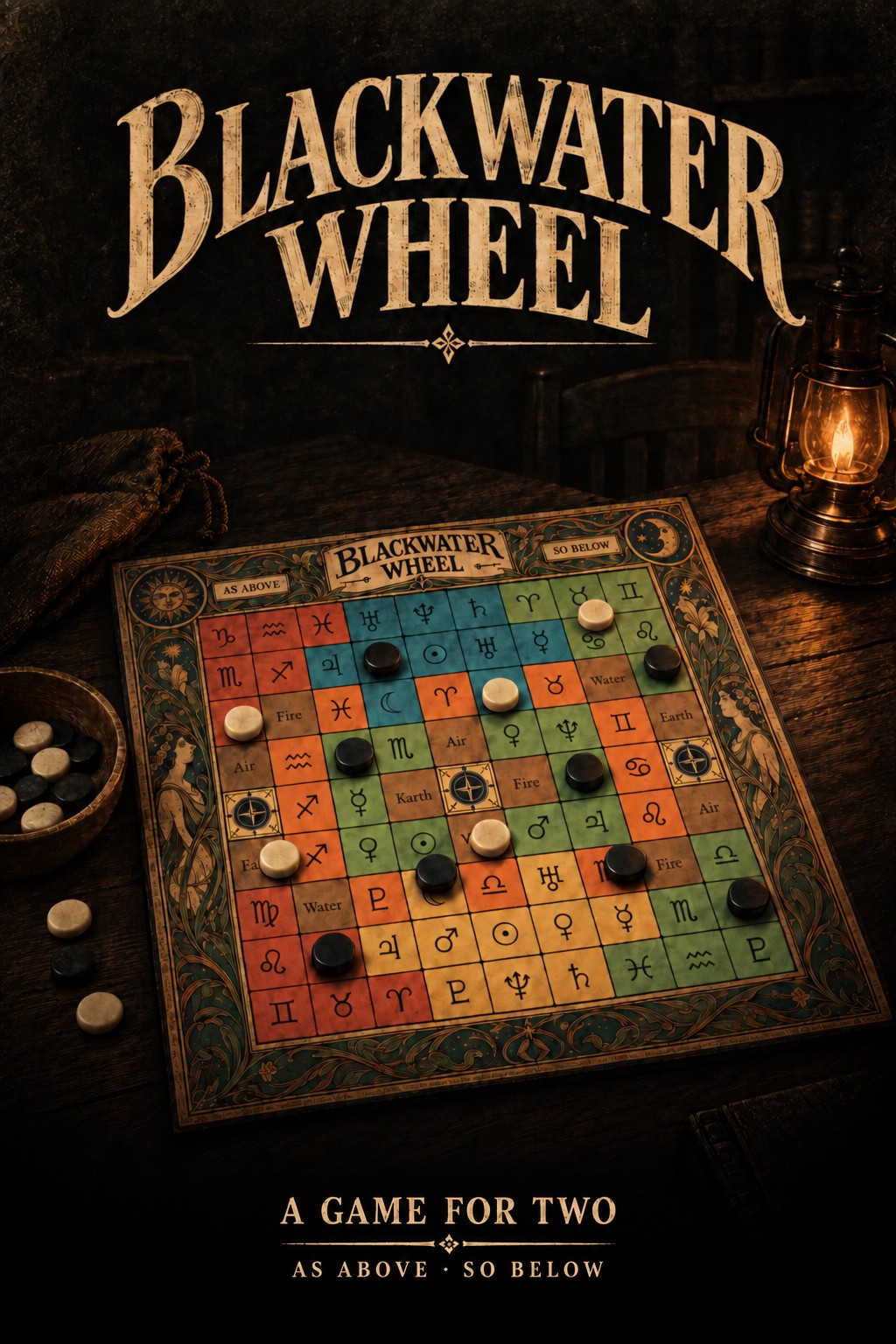 Blackwater Wheel board, set up mid-game on a wooden table with stone pieces and a lantern